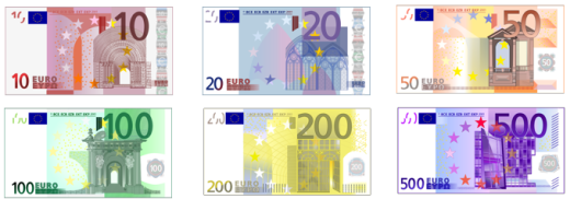 10 euro, 20 euro, 50 euro, 100 euro, 200 euro, 500 euro